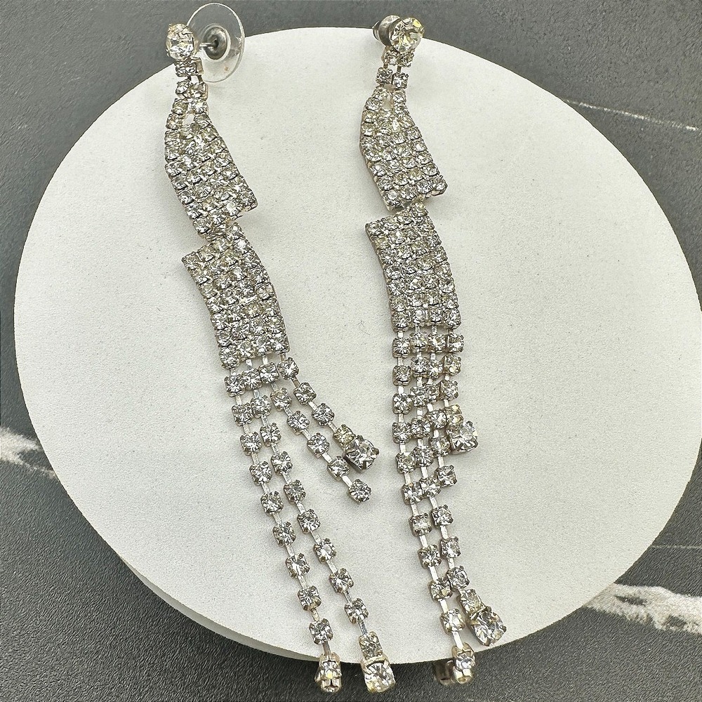 VTG Long Waterfall Earrings Clear Rhinestone Silver‎ Tone Dangle Sparkle Party